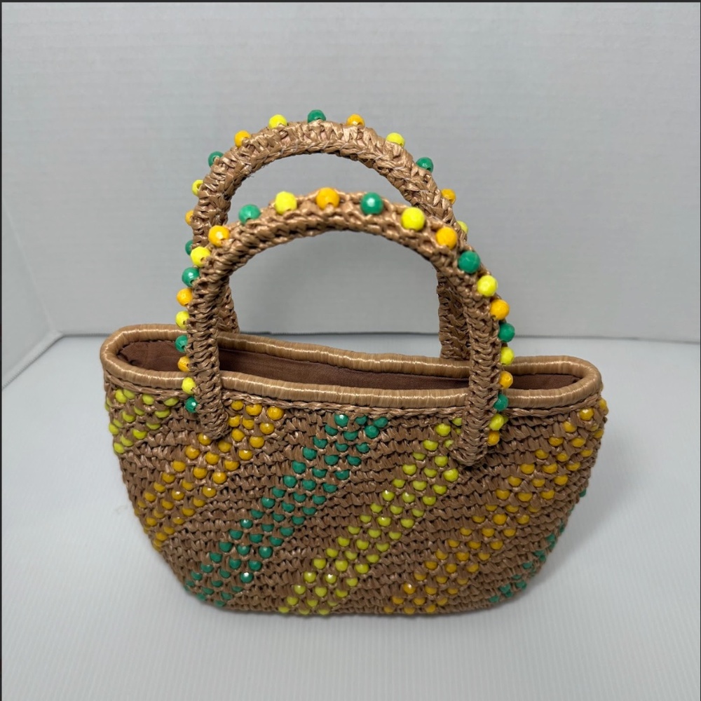 Vintage Macrame Handbag Straw Multicolor Beaded Purse Unique Made In Japan NIB - Picture 2 of 8